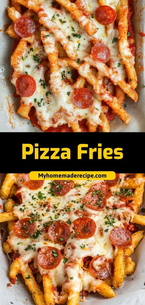 Crispy fries topped with marinara sauce, melted cheese, and pepperoni – a fun, pizza-inspired snack! Ingredients: 4 cups fries, cooked ½ cup marinara sauce 1 cup shredded mozzarella ¼ cup sliced pepperoni Serve these pizza fries for a tasty, shareable snack Pizza Crust Ideas, Healthy Cauliflower Pizza, Pizza Fries Recipe, Homemade Pizza Night, Pizza Crust Recipes, Pepperoni Recipes, Cauliflower Pizza Crust Recipe, Recipes By Ingredients, Unique Pizza