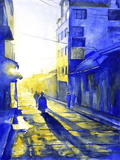 Watercolor of street scene in the Peruvian altiplano city of Puno Ryan Fox. Exceptional sense of light, tone and mood. the Monochrome also creates a certain sense of atmosphere - alluring and mysterious in this one People On Street, Peru Art, Painting Fine Art, Link Art, People Walking, 수채화 그림, Print Wall Decor, Art Print Wall, Watercolor Wall Art