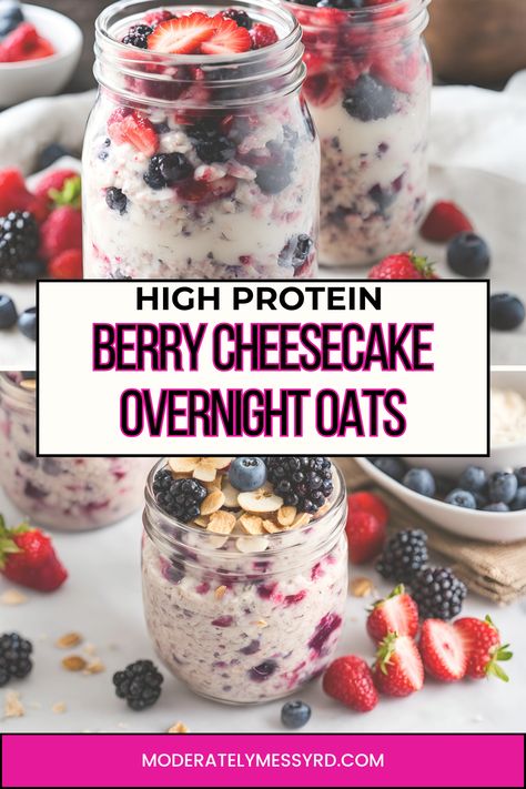 Creamy and delicious berry cheesecake overnight oats with 37 grams of protein and 8g fiber! A healthy yet delicious recipe that feels like you're eating dessert for breakfast. Easy to meal prep for the whole week - and customize with different berries and toppings. Protein Cheesecake Overnight Oats, Strawberry Cheesecake Protein Overnight Oats, Overnight Oats With Frozen Berries, Overnight Oats With Cheesecake Pudding, Chocolate Cherry Overnight Oats, Overnight Oats Protein Recipe, Overnight Oats Low Calorie High Protein, Blended Overnight Oats Recipe Protein, Berry Overnight Oats Healthy