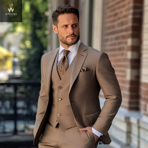 Tan Suit With Dusty Rose, Champagne Suits For Men Wedding, Men Wedding Suits Modern, Spring Wedding Groom, Winter Wedding Suit, Tux Colors, Groomsman Attire, Brown Tuxedo, Groom Colours