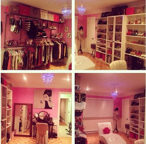 Walk in closet Aesthetic Walk In Closet Y2k, Y2k Walk In Closet, Spare Room Walk In Closet, Bedroom Turned Closet, Walk In Closet Inspiration, 2000s Room, Tiffany Room, Basement Makeover, Vanity Room