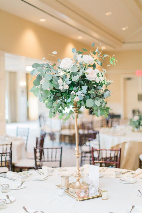 eucalyptus and rose floral wedding centerpiece Gold Candlestick Centerpiece, Wedding Table Pink, Eucalyptus Wedding Decor, Pink Wedding Centerpieces, Tall Wedding Centerpieces, Pink And Gold Wedding, Unique Wedding Flowers, Wedding Floral Centerpieces, Tall Vase