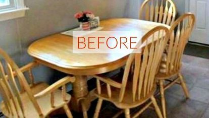 s 9 dining room table makeovers we can t stop looking at, painted furniture, Before An orange 90s table 90s Kitchen, Dining Room Table And Chairs, Old Kitchen Tables, Dining Room Table Makeover, Oak Dining Room Table, Dining Table Makeover, Oak Dining Room, Kitchen Table Makeover, Stained Table