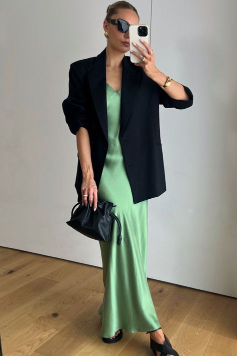 Asceno Lyon silk maxi slip dress curated on LTK Dress With Blazer, Black Clutch Bags, Green Silk Dresses, Dress Blazer, Green Maxi Dress, Green Maxi, Silk Maxi, Black Clutch, Maxi Slip Dress