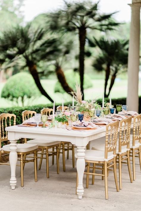 This Watercolor wedding inspiration paired with our Gold Napoleon Chair will brighten your day!  #goldchair #orlandowedding #floridawedding #watercolorwedding Napoleon Chair, Gold Chairs, Mission Inn, Lakeland Florida, Gold Chair, Elegant Bride, Orlando Wedding, Wedding Table Settings, Wedding Dinner