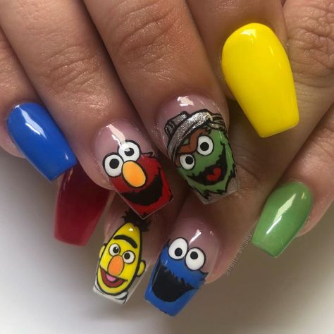 Sesame Street Nail Designs, Sesame Street Nail Art, Sesame Street Nails Acrylic, Elmo Nails Design, Ally Nails, Sesame Street Nails, Elmo Nails, Care Bear Nails, Random Nails