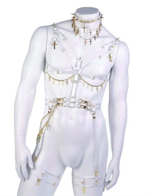 Men Lingeniere Outfit, Body Harness Outfits Men, Men Harness Outfit, Man In Lingeniere, Men In Dresses Art, Mens Lingeniere, Mens Lingerie Outfit Night, White Outfits Male, Men’s Lingerie