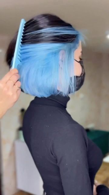 Blue Under Black Hair, Short Hair With Blue Underneath, Black Hair With Blue Peekaboos, Blue And Black Short Hair, Blue Bob Hairstyles, Blue And Black Hair Short, Light Blue And Black Hair, Short Hair Color Ideas Blue, Black And Light Blue Hair