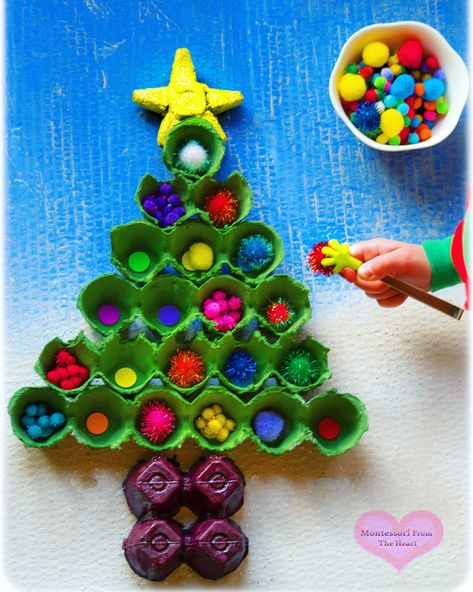 EGG CARTON CHRISTMAS TREE Carton Christmas Tree, Egg Carton Christmas, Recycled Christmas Tree, Christmas Activities For Toddlers, Christmas Crafts For Toddlers, Egg Cartons, Preschool Christmas Crafts, Egg Carton Crafts, How To Make Christmas Tree