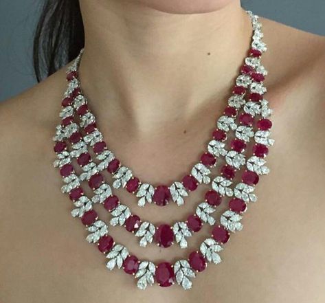 Three Strand Ruby and Diamond Necklace Source: Tan Chee Seng via Pinterest Ruby Diamond Necklace, Ruby And Diamond Necklace, Diamond Necklace Designs, Diamond Necklace Set, Diamond Jewelry Necklace, Diamond Jewelry Designs, Initial Pendant Necklace, Ruby Jewelry, Ruby Diamond