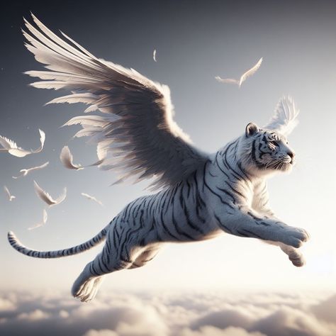 A white tiger that has wings Winged Tiger, Mythical Tiger, Fantasy Tiger Creature, Tiger Fantasy Mythical Creatures, Mystical Tiger, Tigers, Animals, White, Quick Saves