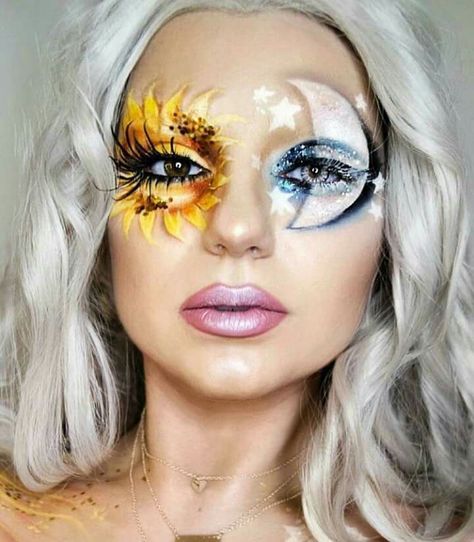 Halloween makeup, Sun and Moon, day and night Theatrical Makeup Ideas, Fx Makeup Ideas, Celestial Makeup, Extreme Make-up, Sunflower Moon, Moon Makeup, Beautiful Halloween Makeup, Festival Face Paint, Makeup Clown