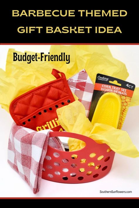 This barbecue themed gift basket is a budget-friendly idea for gift giving. Find several ideas for inexpensive items to include in your basket. Southern Sunflowers Bbq Gift Basket, Diy Barbecue, Theme Baskets, Bbq Theme, Diy Bbq, Raffle Prizes, Bbq Gifts, Themed Gift Baskets, Budget Gift