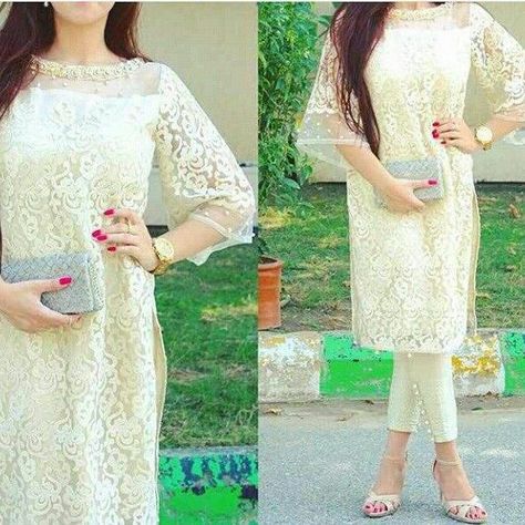 White creamy colour net and silk kurti style Net Sleeves Designs, Net Fabric Dresses, Sleeves Designs For Kurtis, White Kurti Designs, Net Dresses Pakistani, Net Dress Design, Sleeves Design For Kurtis, Net Kurti, Blouses 2022