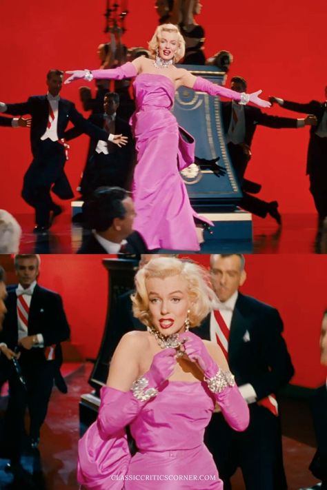 Old Hollywood Marilyn Monroe, Old Hollywood Celebrities, Marilyn Monroe Men Prefer Blondes, Old Hollywood Glamour Dress, Blondes In Movies, Gentlemen Prefer Blondes Pink Dress, 1950s Red Carpet, Old Hollywood Costumes, Men Prefer Blondes