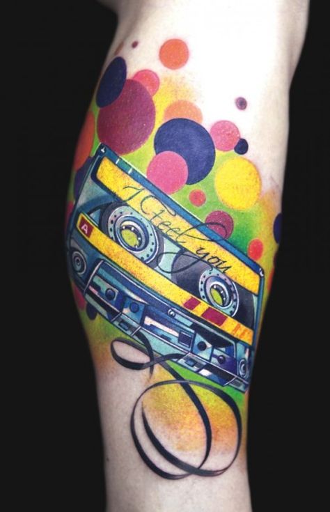 Cool colors Calf tattoo Cassette Tattoo, Hop Tattoo, See Tattoo, Dj Vinyl, Rainbow Tattoos, Worlds Best Tattoos, Music Pics, Music Tattoo, Music Tattoos