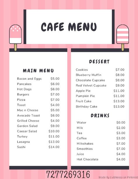 Cafe Menu Design Bloxburg, Bloxburg Cafe Menu Decals Codes Pink, Bloxburg Breakfast Menu Codes, Bloxburg Menu Decals Cafe, Bloxburg Restraunt Menu Codes, Hello Kitty Cafe Bloxburg Decals, Bloxburg Cafe Menu Decals, Bloxburg Menu Codes, Bloxburg Menu Decals