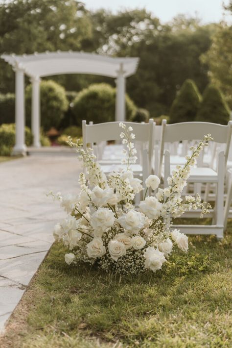 Greenery Florals Wedding, Ground Flower Arrangement, Ceremony Entrance Flowers, Babys Breath Aisle Flowers, Ground Arrangements Ceremony, Flowers For Aisle Wedding, Minimal Florals Wedding, May Wedding Florals, Simple Ceremony Florals