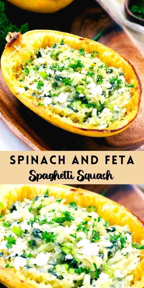 Spinach and Feta Spaghetti Squash – light and easy to make, grain free meal with great flavors. Feta Spaghetti Squash, Feta Spaghetti, Squash Recipes Healthy, Diabetics Recipes, Easy Spaghetti Squash, Spaghetti Squash Recipes Healthy, Veggie Dinners, Low Carb Low Calorie, Baked Spaghetti Squash