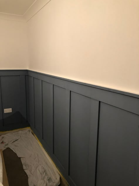 Dark Grey Half Wall Panelling Hallway, Living Room Black Panelling, Wall Paneling Ideas Half Wall, Dark Grey Wall Panelling, Wood Panelling Walls Black, Black Wood Paneling Half Wall, Mdf Panels Wall, Black Panels Wall, Dark Pannel Living Room