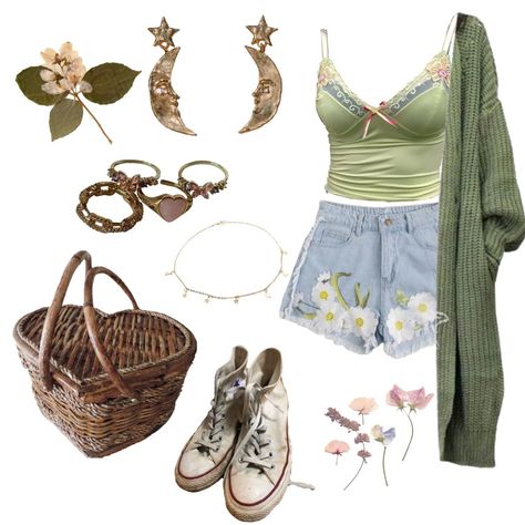 Beachy Core Outfits, Fairy Summer Outfits, Summer Cottage Core Outfits, Nature Core Outfits, Picnic Aesthetic Outfit, Baggy Sweater Outfits, Picnic Date Outfits, Picnic Outfit Summer, Picnic Outfit