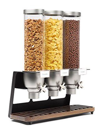 Rosseto EZ520 Triple Container EZ-SERV Table-Top Cereal Dispenser with Walnut Tray, 3.9 Gallon Food Dispensers, Cereal Dispenser, Beverage Dispenser, Food Dispenser, Brass Frame, Food Storage Containers, Kitchen Storage Organization, Canisters, Walnut Wood