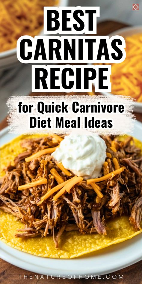 Elevate your carnivore meal prep game with this easy carnitas recipe! Juicy, slow-cooked pork that’s bursting with flavor makes it a go-to for any meat lover. Perfect for low-carb, high-protein diets, this dish is versatile, delicious, and easy to prepare in large batches. Whether for quick dinners or weekly meal prep, save this recipe for a carnivore-friendly meal you’ll love! Low Carb Pork Roast Recipes, Meat And Greens Diet, Carnivore Pork Tenderloin Recipes, Carnivore And Fruit Diet, Carnivore Shredded Chicken Recipes, Carnivore Diet Recipes Easy Dinner, Easy Carnivore Meal Plan, Carnivore Diet Menu Plan, Carnivore Diet Soups