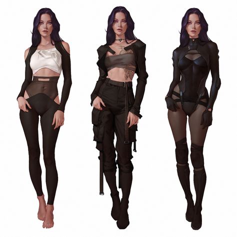 Christophe Young Art, Sci Fi Character Art Female Suit, Concept Clothing Design, Female Assassin Character Design, Assassin Outfits Female, Clothes Design Sketches Women, Scifi Character Design, Different Poses, Cyberpunk Fashion