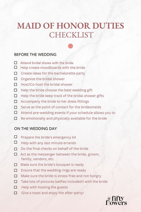 A graphic featuring a maid of honor duties checklist for wedding planning. Roles Of Maid Of Honor, Bridesmaid Roles And Responsibilities, Maid Of Honor Duties Checklist, Bridesmaid Checklist, Flower Girl Proposal Ideas, Diy Wedding Tips, Maid Of Honor Responsibilities, Maid Of Honor Duties, Wedding Tips And Tricks