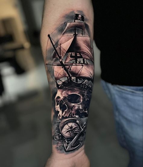 Ship Skull Tattoo, Pirate Compass Tattoo, Pirate Tattoo Sleeve, Goonies Tattoo, Naval Tattoos, Ship Tattoo Sleeves, Buddha Tattoo Sleeve, Dragon Tattoo Shoulder, Pirate Skull Tattoos