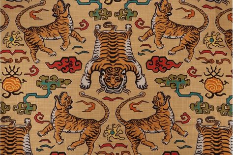 Click for Hilary Farr Tiger Republic Printed Cotton Blend Drapery Fabric in 380-Saffron for Covington Hilary Farr, Tiger Embroidery Pattern, Tiger Embroidery Design Patterns, Tiger Embroidery Design, Tiger Print Fabric, Ikat Pattern Fabric, Paisley Upholstery, Covington Fabric, Chinese Tiger Fabric