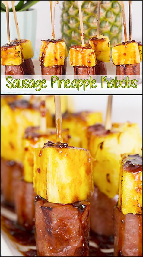 Sausage & Pineapple Appetizer Kabobs www.joyineveryseason.com Ham And Pineapple Appetizers, Sausage Pineapple Kabobs, Sausage Pineapple Appetizer, Mini Kabobs, Appetizer Kabobs, Sausage Pineapple, Grilled Fruit Dessert, Pineapple Appetizers, Pineapple Kabobs