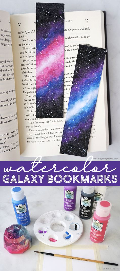 Watercolor Galaxy Bookmarks | artsy-fartsy mama Galaxy Bookmark Watercolor, Galaxy Gift Ideas, Bookmark Diy Ideas, Useful Paper Crafts, Watercolors Illustrations, Photo Frame Idea, Space Bookmarks, Galaxy Bookmark, Lungs Drawing