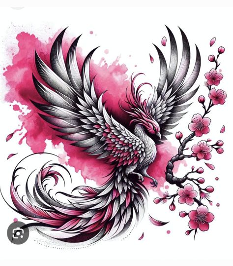 Cherry Blossom Phoenix Tattoo, Most Beautiful Tattoos, Tattoo Crane, Tato Phoenix, Bar Painting, Japanese Phoenix Tattoo, Rising Phoenix Tattoo, Phoenix Painting, Koi Tattoo Sleeve