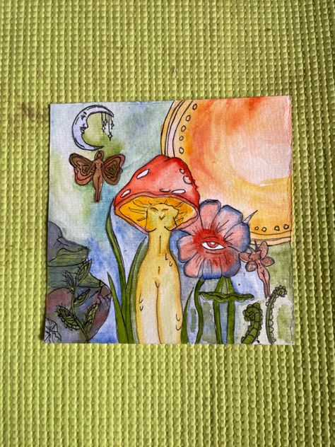 A painting with fairies mushrooms flowers the moon and the sun Watercolor Trippy, Hippie Watercolor Painting, Mushroom Oil Pastels, Trippy Flower Painting, Trippy Watercolor Art, Mushroom Watercolor Paintings, Trippy Painting, Watercolor Books, Forest Fairy