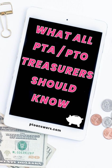 Get all the answers you need to navigate the Treasurer role to manage the money for your school parent group non-profit.  This post has what you need to know as a PTO or PTA Treasury Executive Board Officer and covers the basics, suggests resources to help and has everything you need to know to be successful. Pto Treasurer, Pta Volunteer, Pta Ideas, School Volunteer, Pto Ideas, School Pto, Pta School, Volunteers Needed, Parent Volunteers