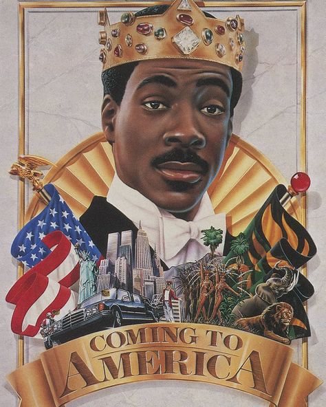 Chris Dellorco 1988 Coming To America Movie, America Themed Party, Eddie Murphy Movies, America Theme, America Party, Coming To America, 1980s Art, Samuel L Jackson, Best Movie Posters