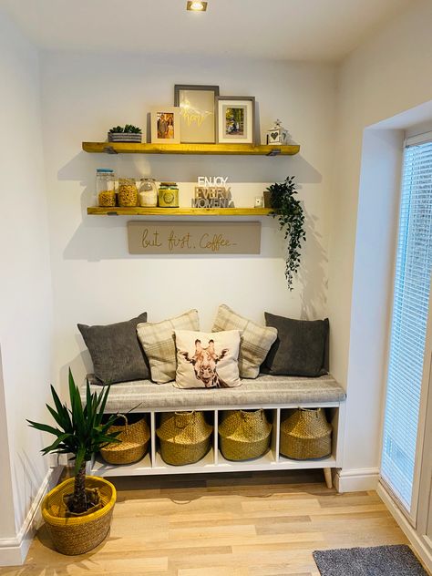 Bench made from an ikea kallax unit with addition of legs and a home-made upholstered piece of foam Kallax Dining Room, Kallax Hallway Ideas, Kallax Front Entry, Ikea Kallax Dining Room, Ikea Kallax Entryway, Kallax Alcove, Ikea Kallax Hallway, Ikea Kallax Hall, Kallax Entryway Bench