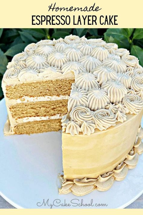 Delicious Homemade Espresso Layer Cake- This recipe is so moist and flavorful! Perfect for coffee lovers! Chocolate Cake With Espresso, Toffee Crunch Cake, Espresso Cake Recipe, Espresso Whipped Cream, Homemade Espresso, Crunch Cake Recipe, Espresso Buttercream, Whipped Cream Filling, My Cake School