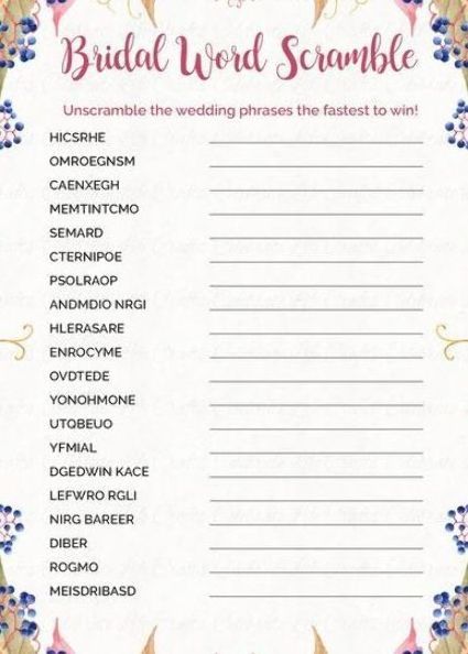 Bridal Word Scramble, Wedding Phrases, Bridal Shower Questions, Bridal Party Games, Wedding Wording, Modern Bridal Gowns, Scramble Game, Bridal Shower Inspo, Bride Shower