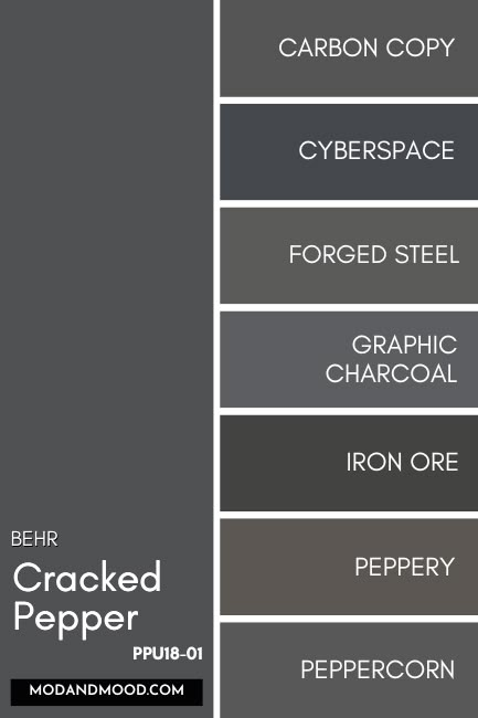 Everything You Need to Know About Behr Cracked Pepper - The 2024 Color of the Year! - Mod & Mood Behr Black Garnet Cabinets, Behr Bronze Paint Colors, Best Dark Gray Paint Color Behr, Valspar Cracked Pepper, Sw Charcoal Gray, Pepper Corn Paint Color, Behr Black Paint Colors Exterior, Behr Charcoal Grey, Behr Peppercorn