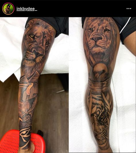 Men’s Top Arm Tattoo, African Inspired Tattoos Men, Men Tattoo Ideas Leg Sleeve, African Forearm Tattoo, Lion Leg Tattoo Men, African Sleeve Tattoo Men, Half Leg Sleeve Tattoo Calf, Leg Sleeve Tattoo Male Design, Full Sleeve Tattoos For Guys Black