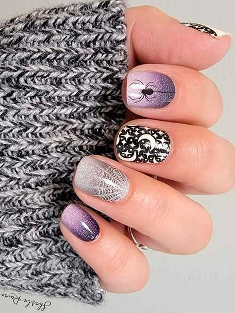 Watch Your Web Color Street Mixed Mani, Color Street Too Ghoul For You, Colorstreet Nail Ideas, Mixed Mani Ideas, Color Street Halloween, Black And Purple Nails, Mani Inspiration, Halloween Nail Colors, Candy Corn Nails