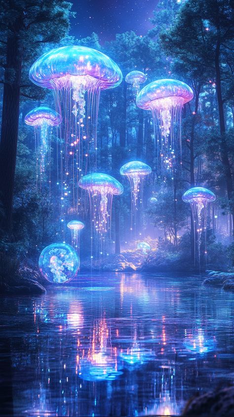 A dreamlike forest filled with floating luminescent jellyfish and towering crystal trees, bathed in soft, pastel moonlight reflecting on a shimmering lake. Jellyfish Landscape, Luminescent Jellyfish, Magical Jellyfish, Surreal Forest, Glowing Water, Floating Jellyfish, Dreamlike Landscape, Glowing Garden, Crystal Trees