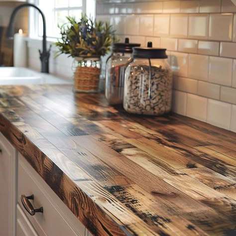 Covering Laminate Countertops With Wood, Countertop Ideas Diy, Diy Butcherblock Countertop, Wood Plank Countertop Diy, Redo Countertops Cheap Wood, Wood Laminate Countertops, Fake Wood Countertops, Wood Countertops Kitchen Diy, Budget Countertop Ideas