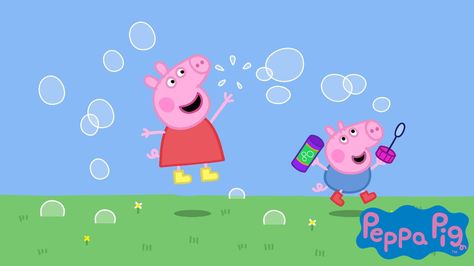 It's finally Spring! Peppa Pig and George are celebrating by blowing bubbles! Peppa Pig Background, Peppa Pig Images, Peppa Pig Imagenes, Peppa Pig Pictures, Peppa Pig House, Peppa Pig Wallpaper, Peppa Pig George, Pig Pictures, Pig Wallpaper