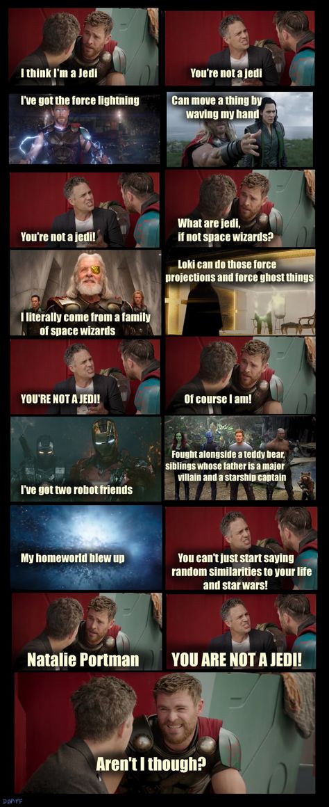 Is Thor a Jedi? Sorry notsorry for this. Thor And Bruce, Star Wars Jokes, Funny Marvel Memes, Fandom Crossover, Dc Memes, Dc Movies, Avengers Memes, Star Wars Fandom, Marvel Jokes