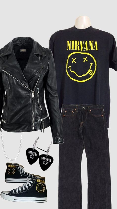 #nirvana #nirvanaaesthetic #outfit #outfitinspo Nirvana Tshirt Outfit, Nirvana Shirt Outfit, Nirvana Outfit, Nirvana Tshirt, Nirvana Shirt, Shirt Outfit Men, Glam Rock, Tshirt Outfits, Tee Outfit