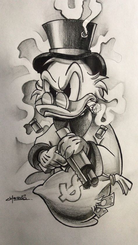 Donald Duck Tattoo Design, Scrooge Mcduck Tattoo, Cartoon Tattoo Designs, Cartoon Tattoo Ideas, Dagobert Duck, Duck Tattoos, Half Sleeve Tattoos Drawings, Cool Tattoo Drawings, Gangsta Tattoos