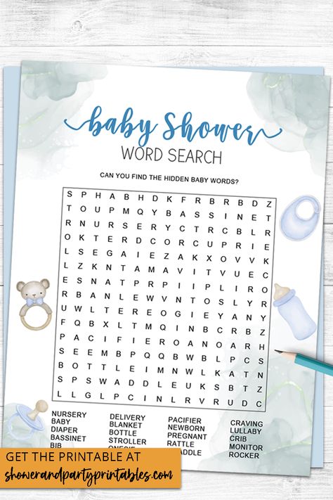 baby shower word search printable free in blue Baby Shower Word Search, Shower Prizes, Nursery Rhymes Games, Baby Shower Party Games, Baby Shower Wording, Baby Shower Game Cards, Baby Shower Prizes, Word Search Printables, Free Baby Shower